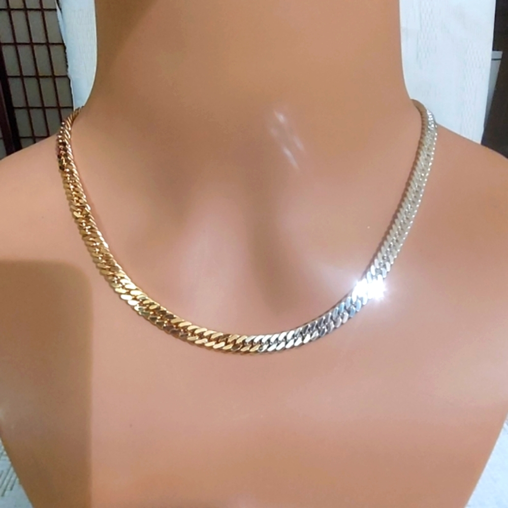Dyadema Bronze Italy Two-Tone Gold Silver Herringbone Necklace 18" - Picture 10 of 12